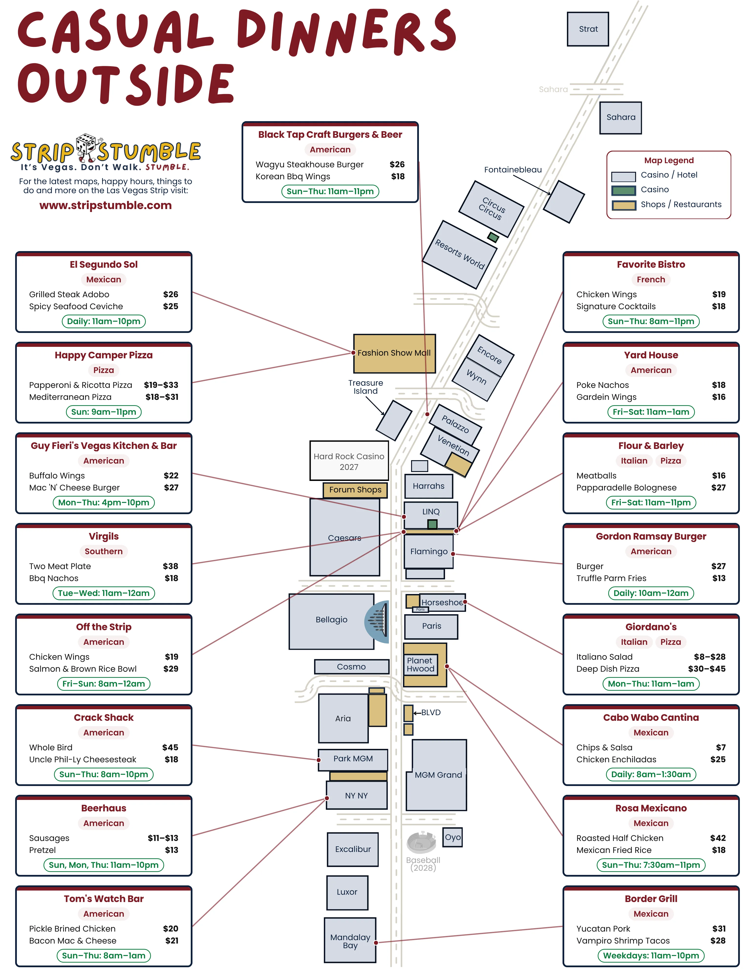 Map of Las Vegas Strip restaurants with a dinner patio