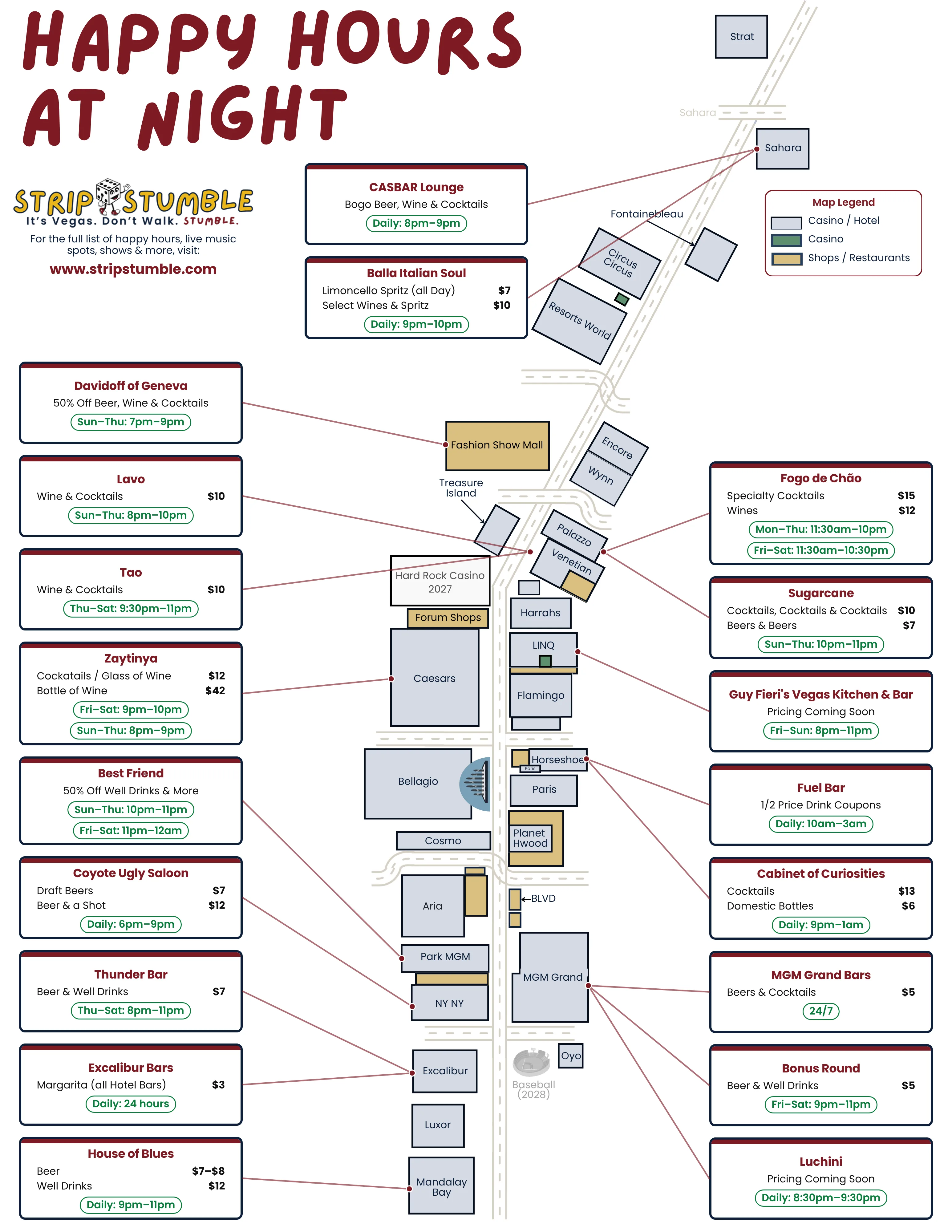 Map of Las Vegas Strip happy hours running 8:30 to 10:30pm on Thursday