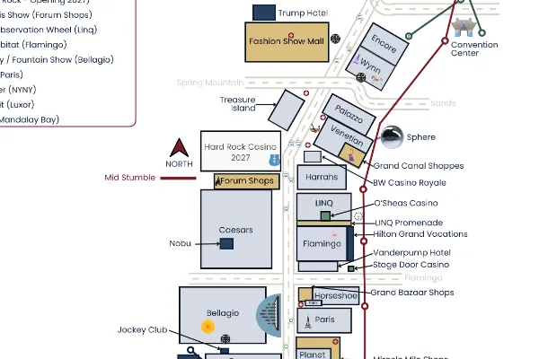Las Vegas Strip Map — Every casino on the Strip, north to south, on one clean schematic — the base map behind all the others.