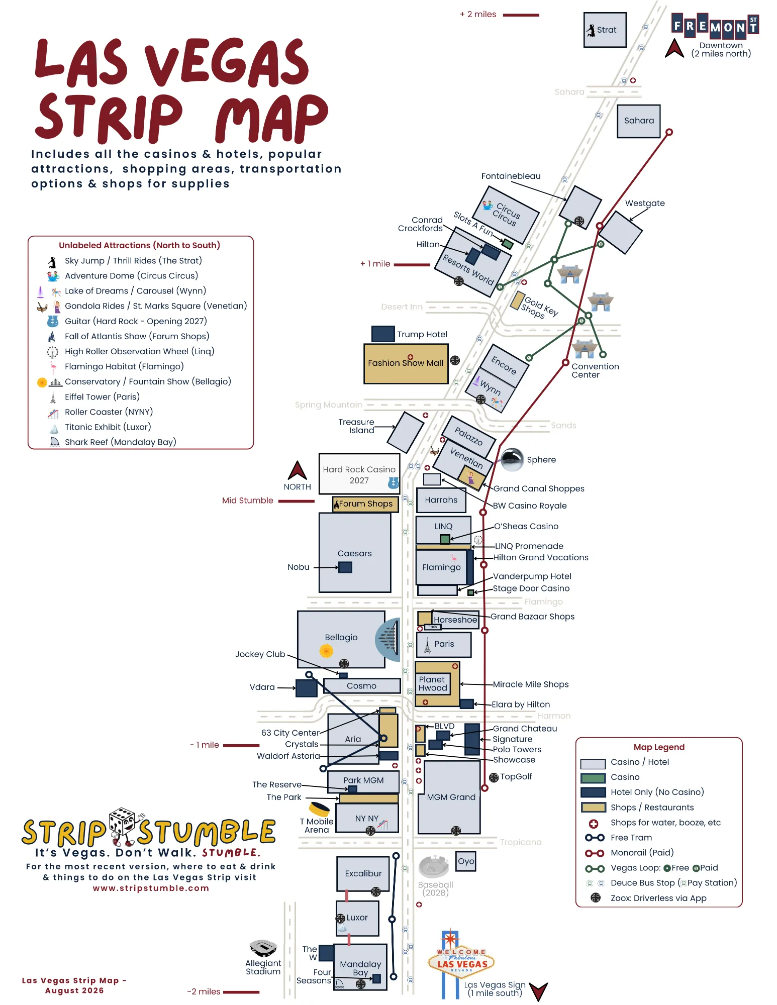 Updated Las Vegas Strip map showing hotels, casinos, attractions, shopping and transport