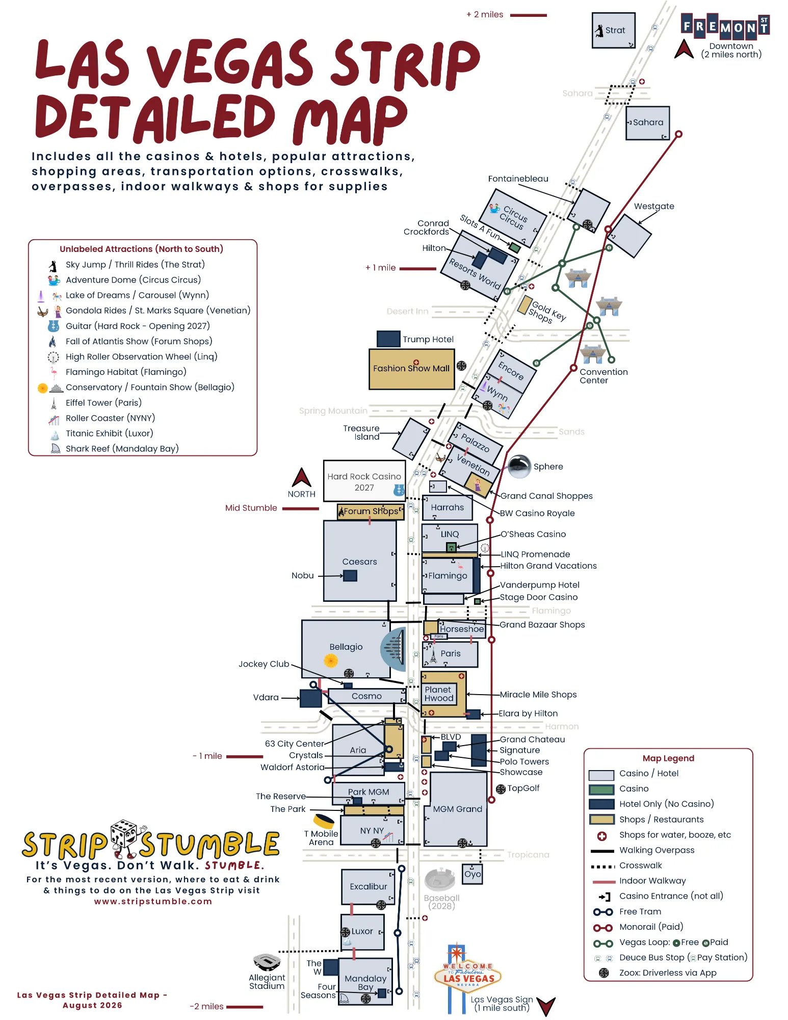 Detailed Las Vegas Strip walking map with crosswalks, pedestrian bridges and indoor walkways