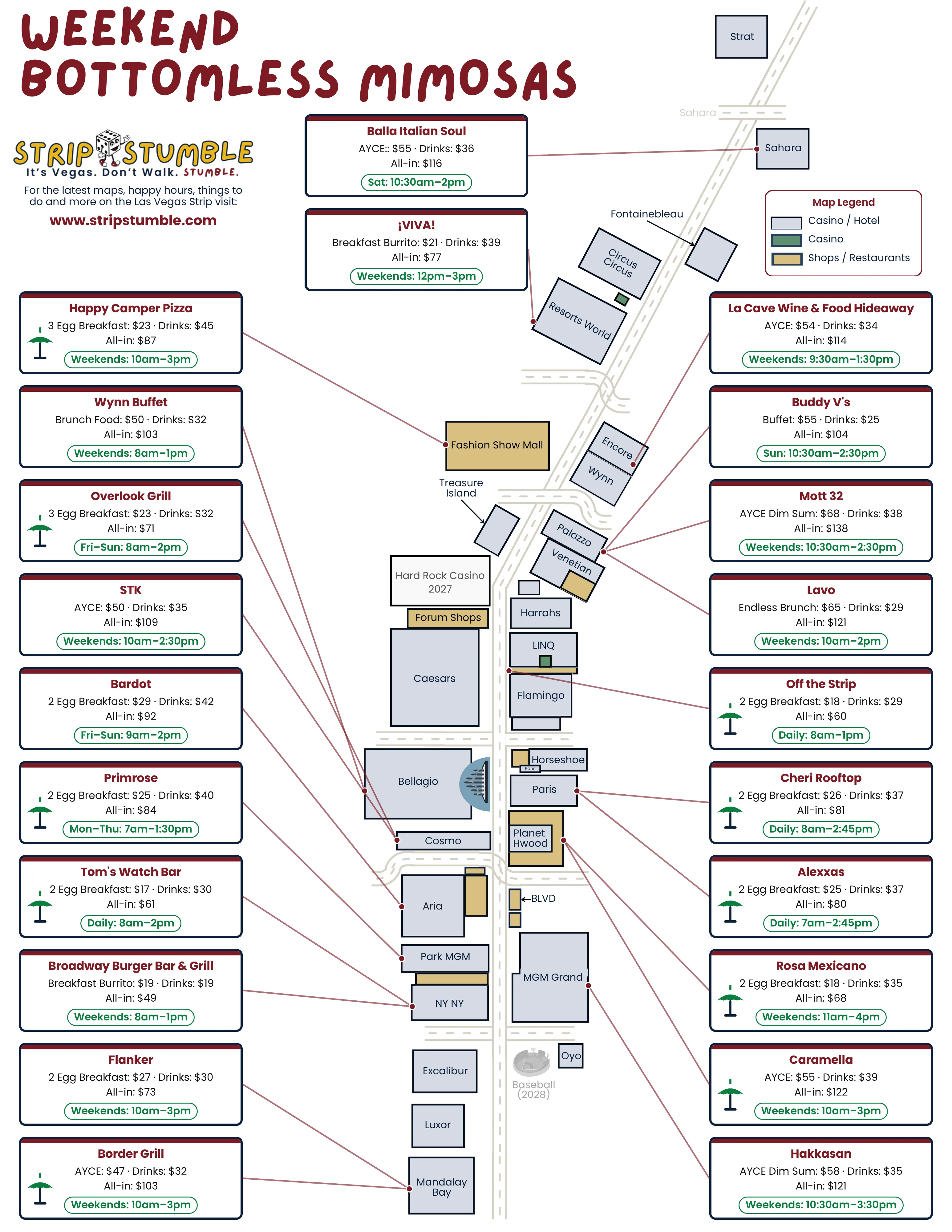 Map of weekend bottomless mimosa offers on the Las Vegas Strip